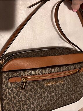 Michael Kors Brown MK Logo Messenger Bag with Tan Trim